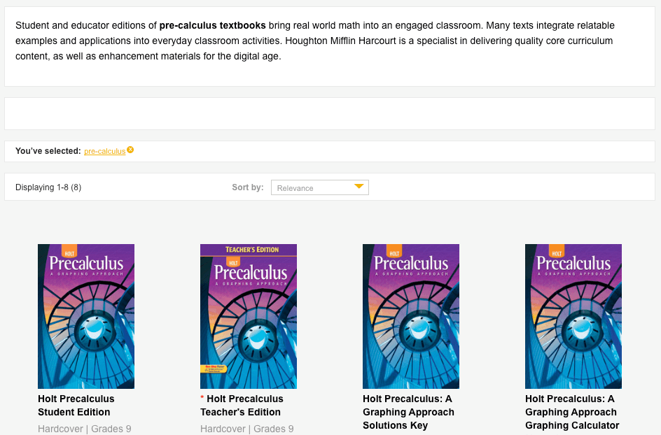 Screen grab of Houghton Mifflin website on precalculus books